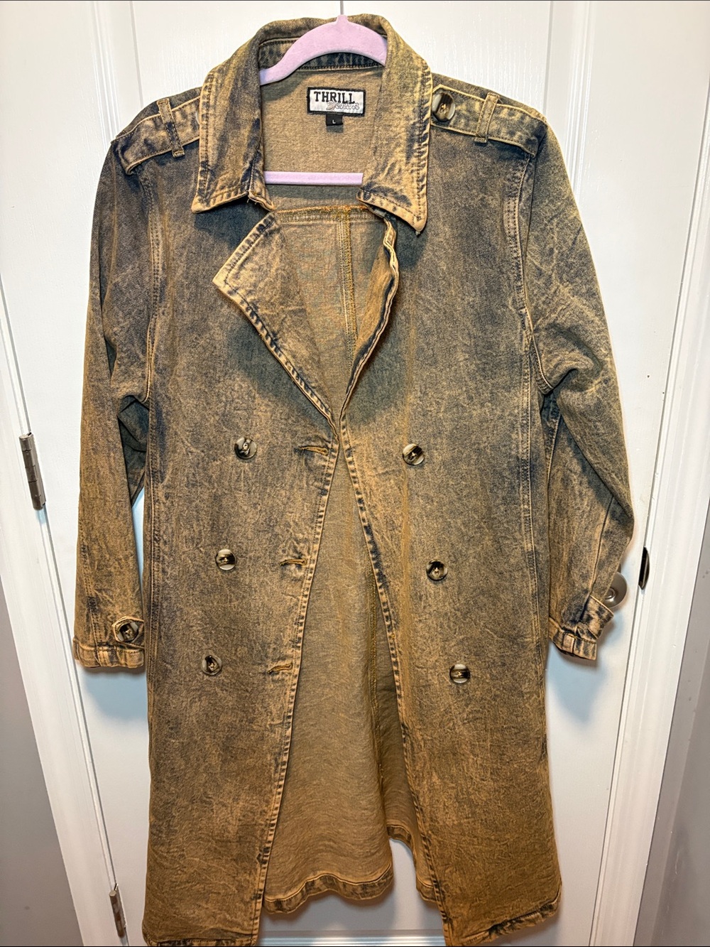 Thrill Distressed Olive Brown Double-Breasted Jean Trench